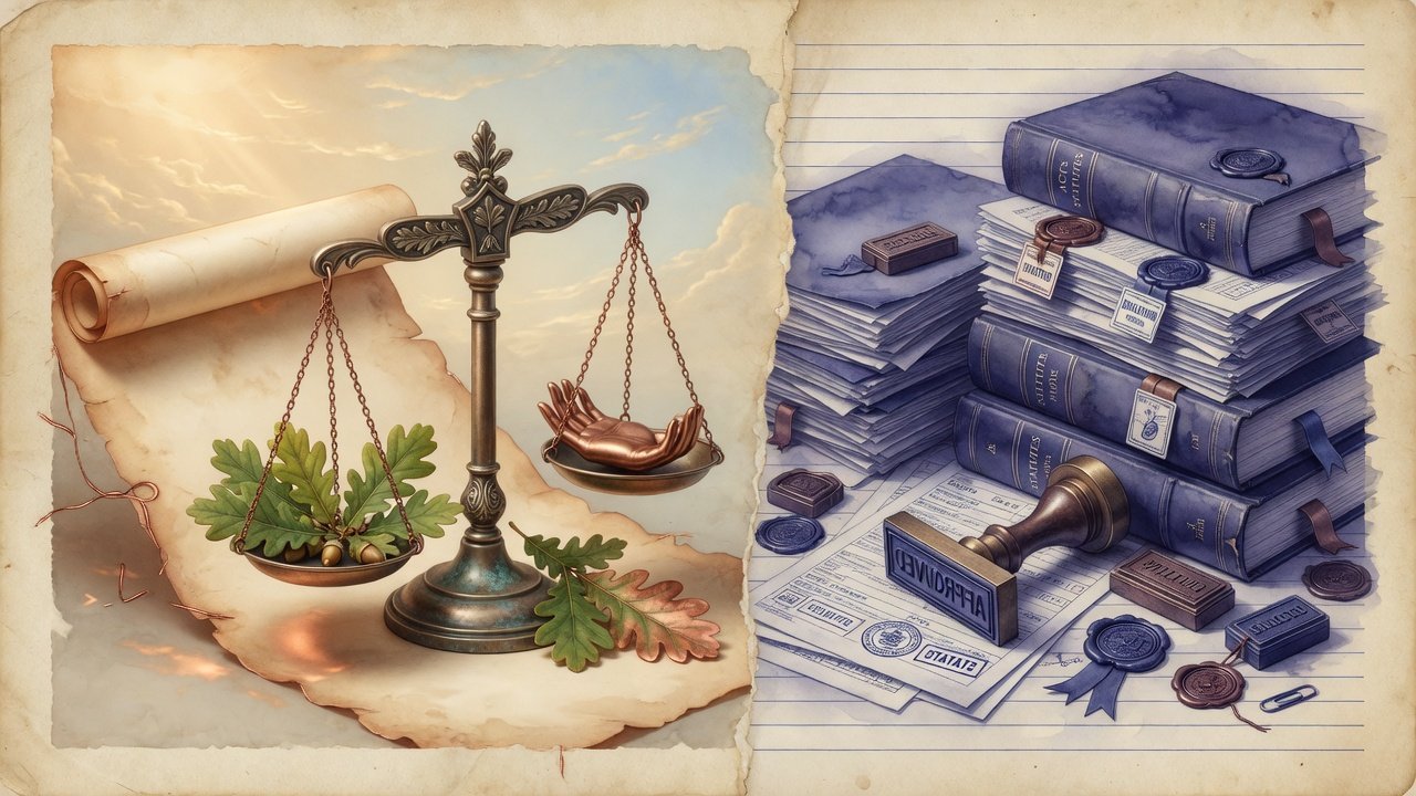 Living common law on one side; stacked statutes and legislation on the other