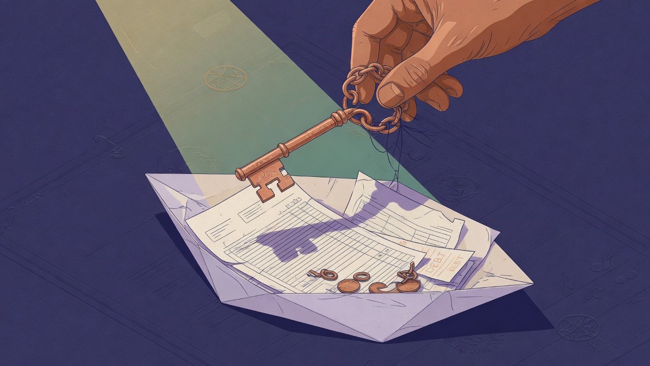 Hand holding a copper key over commercial papers and debt notes